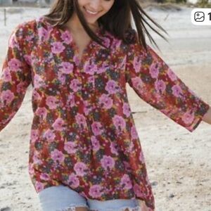 Natural Life cotton Floral print Women's tunic boho top. Sz small to medium.